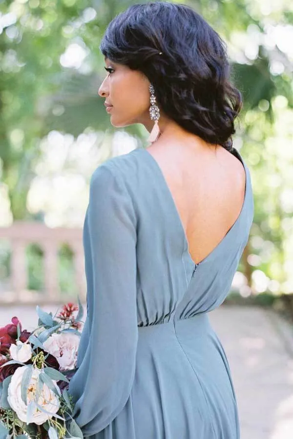 Dusty Blue Chiffon A-Line Long Sleeves Floor Length Bridesmaid Dresses, BD133