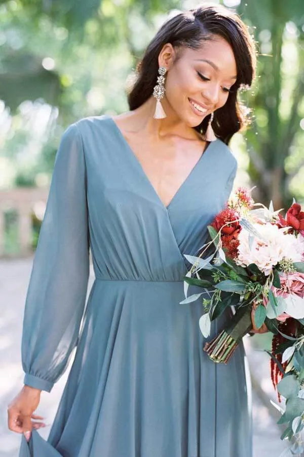 Dusty Blue Chiffon A-Line Long Sleeves Floor Length Bridesmaid Dresses, BD133