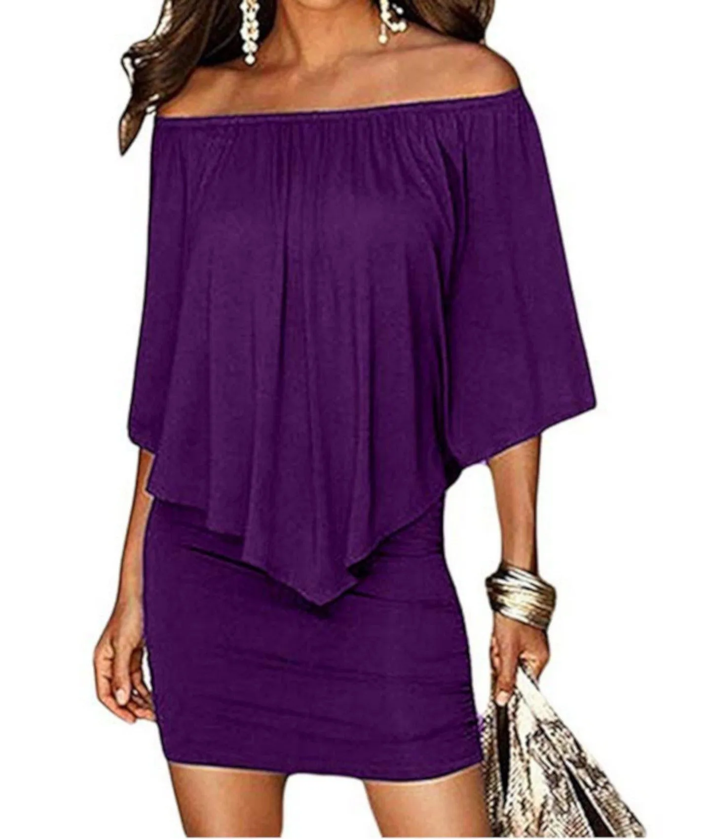 Edgy Professional Purple Off Shoulder Pencil Dress W /Ruffles