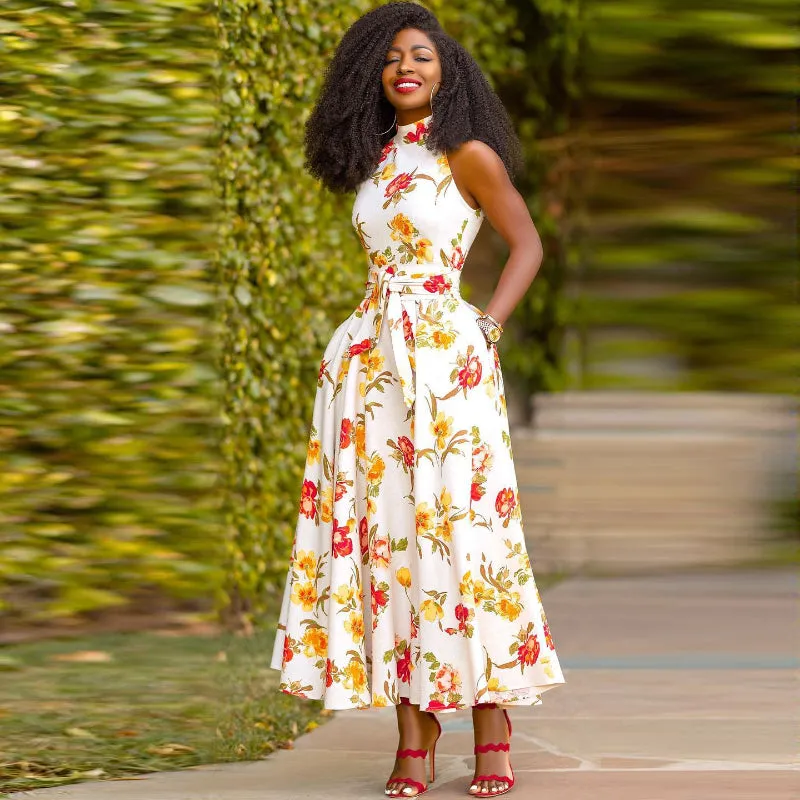 Elegant Floral Half High Collar Print Dress