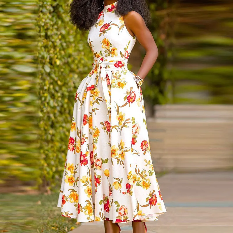 Elegant Floral Half High Collar Print Dress