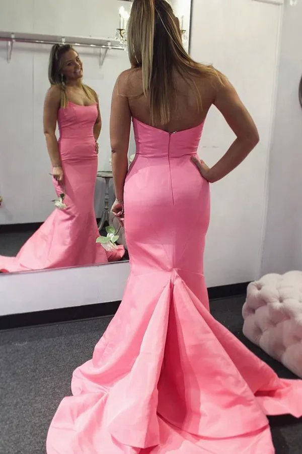 Elegant Hot Pink Satin Mermaid Long Prom Dress with Strapless Neckline, SP593