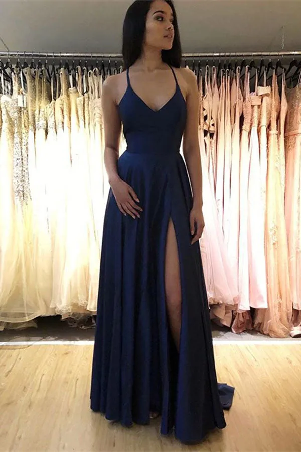 Elegant Navy Blue A Line V Neck Spaghetti Straps Prom Dresses with Side Slit, SP553