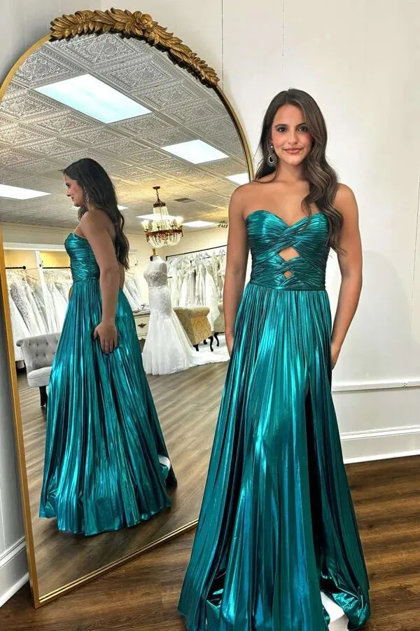 Emerald Green A-line Sweetheart Neck Pleated Long Prom Dresses, SLP023