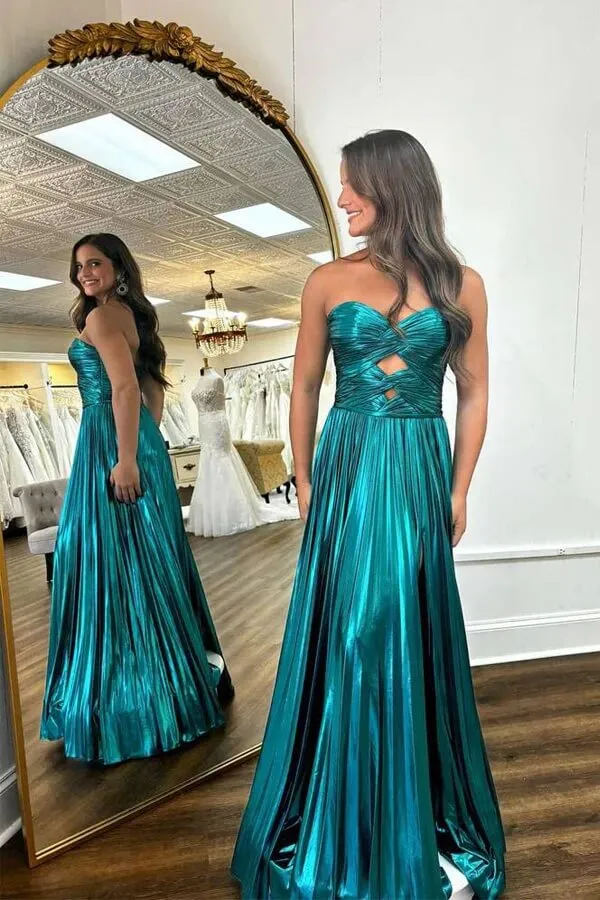 Emerald Green A-line Sweetheart Neck Pleated Long Prom Dresses, SLP023