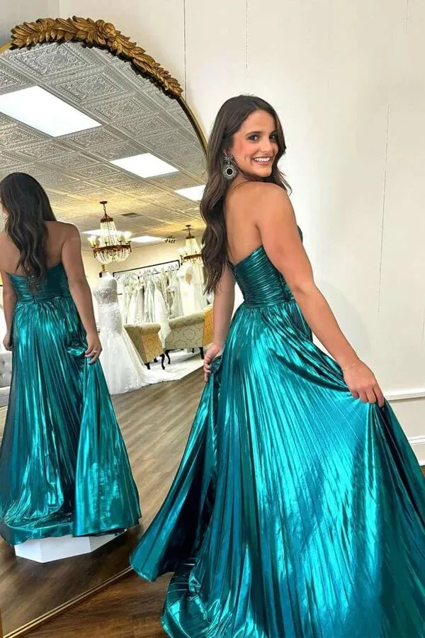 Emerald Green A-line Sweetheart Neck Pleated Long Prom Dresses, SLP023