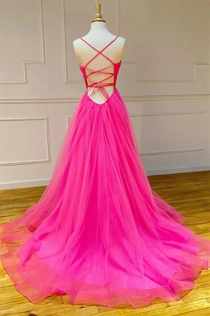 Evening Dresses Dance Dresses Hot Pink A Line Tulle Prom Dresses Long Formal Dresses