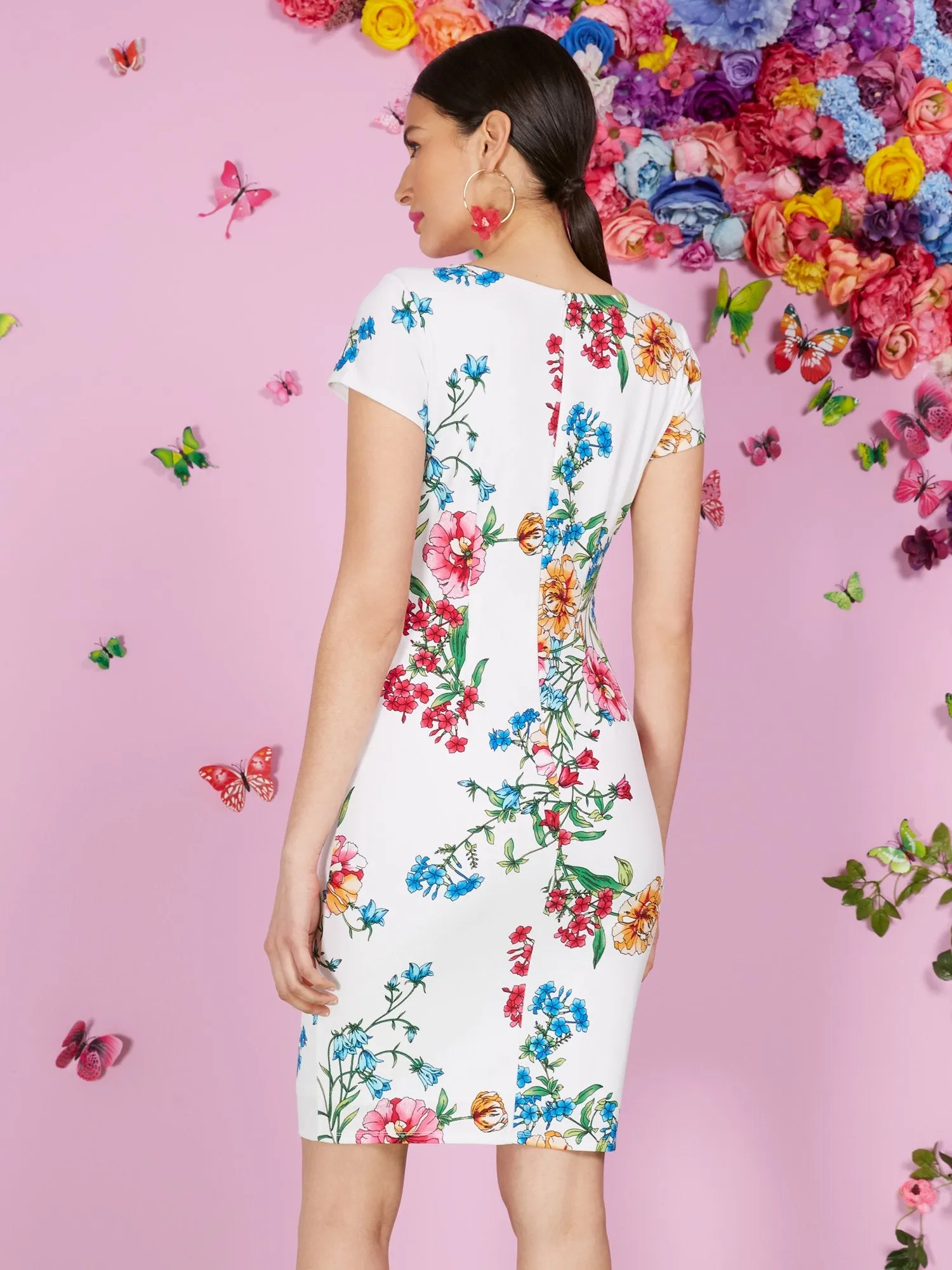 Floral-Print Short-Sleeve Split-Neck Sheath Dress - Magic Crepe®