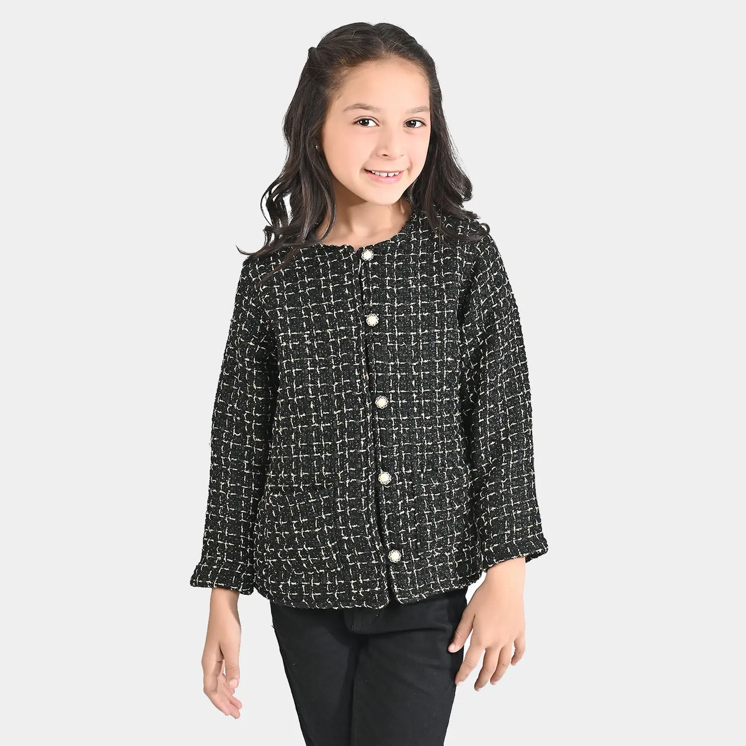 Girls Cotton Twill Jacket Fancy Tweed Black