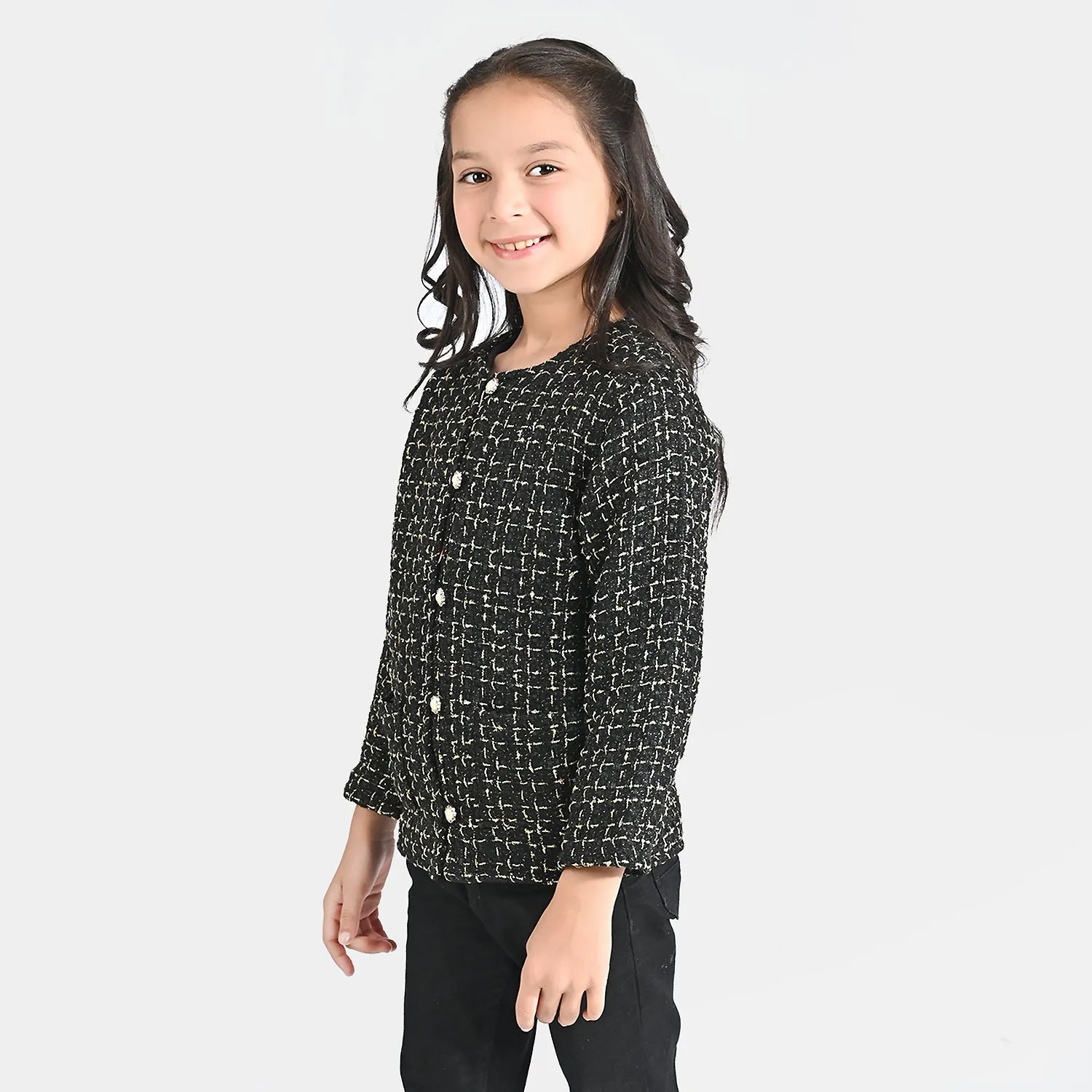 Girls Cotton Twill Jacket Fancy Tweed Black