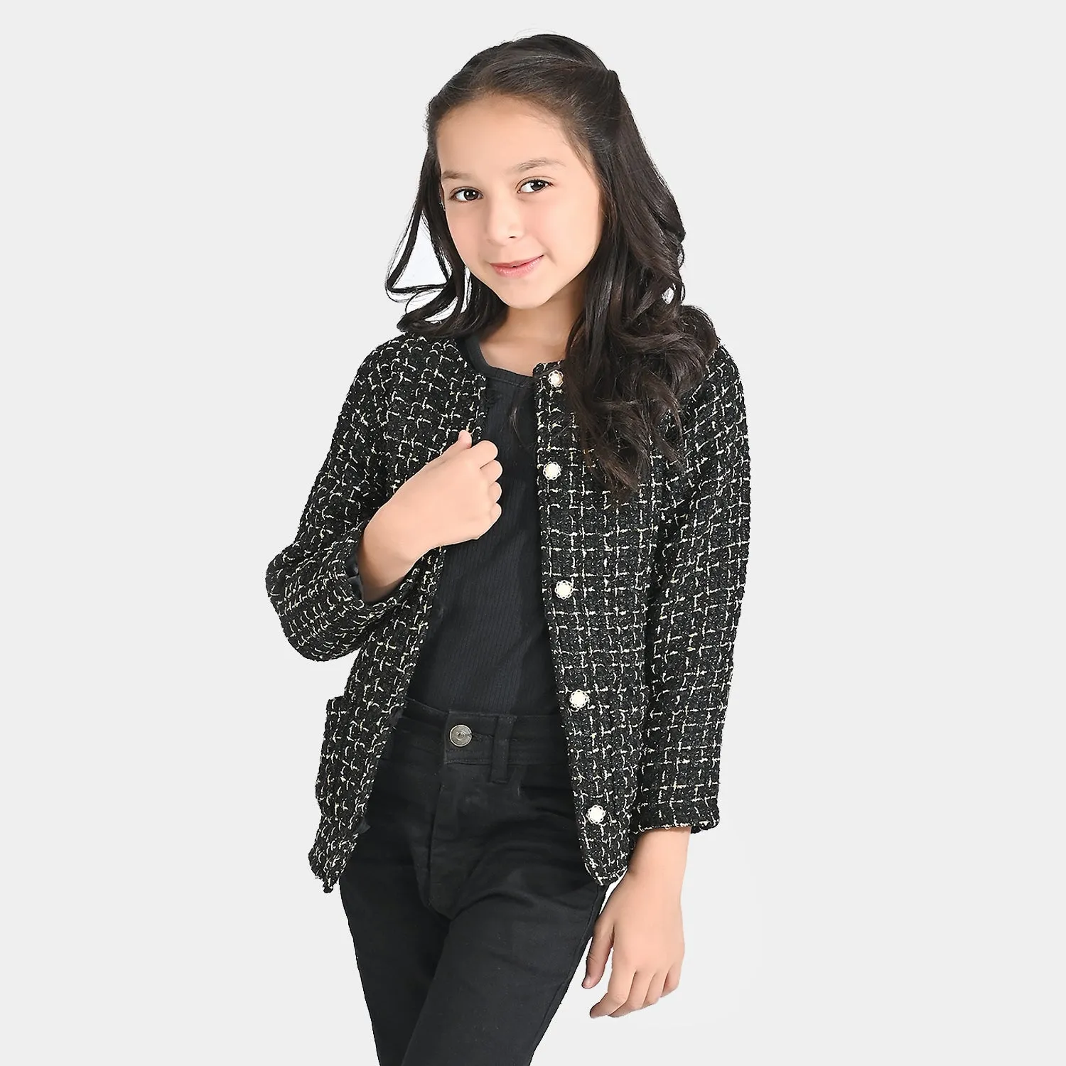 Girls Cotton Twill Jacket Fancy Tweed Black