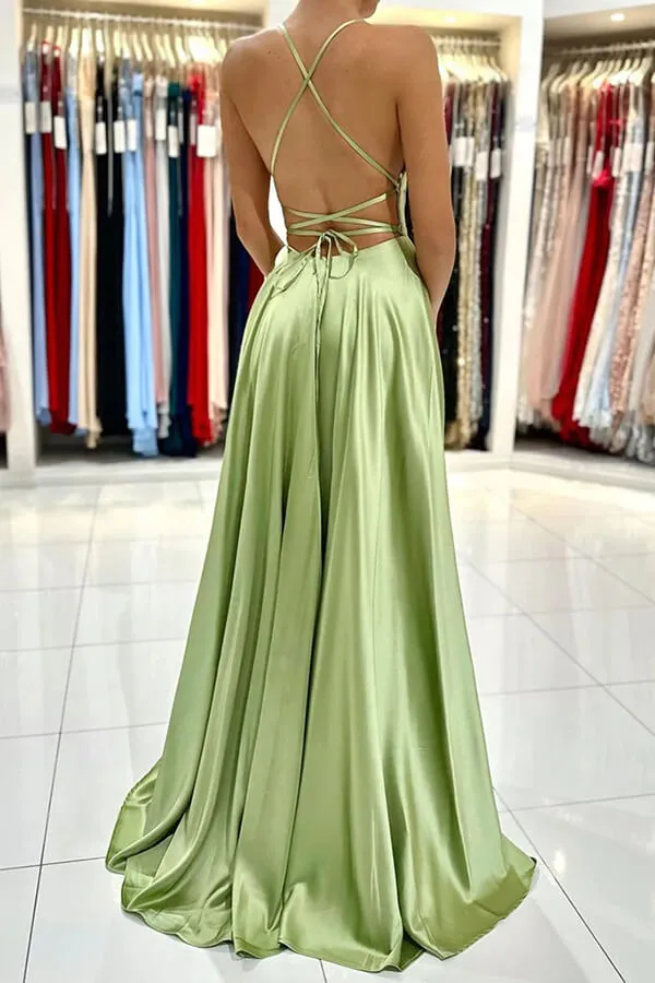 Green A-line Satin Backless Simple Prom Dresses With Side Slit, Formal Dress, SP920