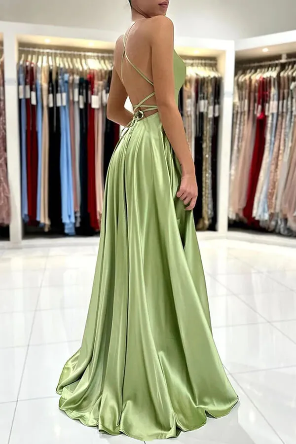 Green A-line Satin Backless Simple Prom Dresses With Side Slit, Formal Dress, SP920