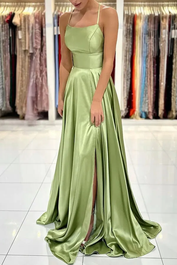 Green A-line Satin Backless Simple Prom Dresses With Side Slit, Formal Dress, SP920