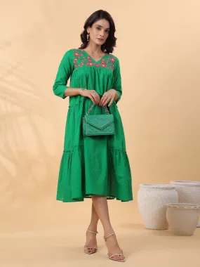 Green Dobby Cotton Embroidered Pleated Dress