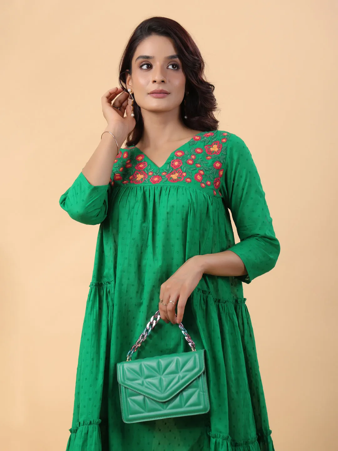 Green Dobby Cotton Embroidered Pleated Dress