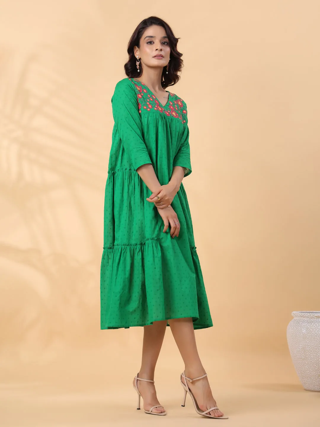 Green Dobby Cotton Embroidered Pleated Dress