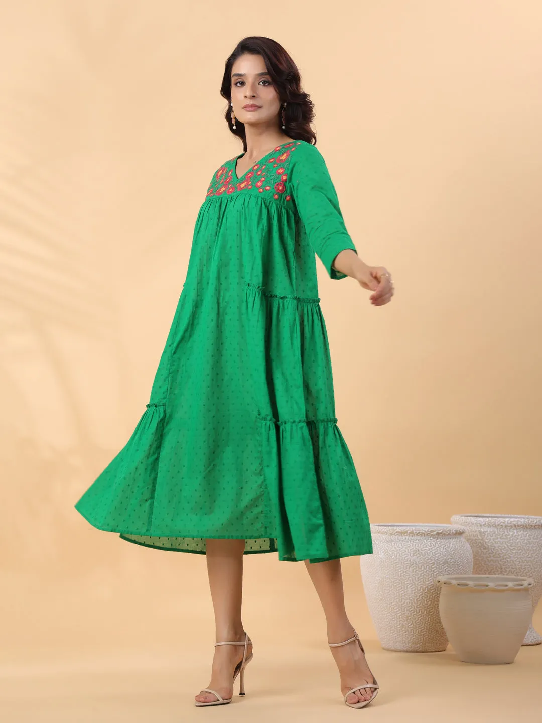 Green Dobby Cotton Embroidered Pleated Dress