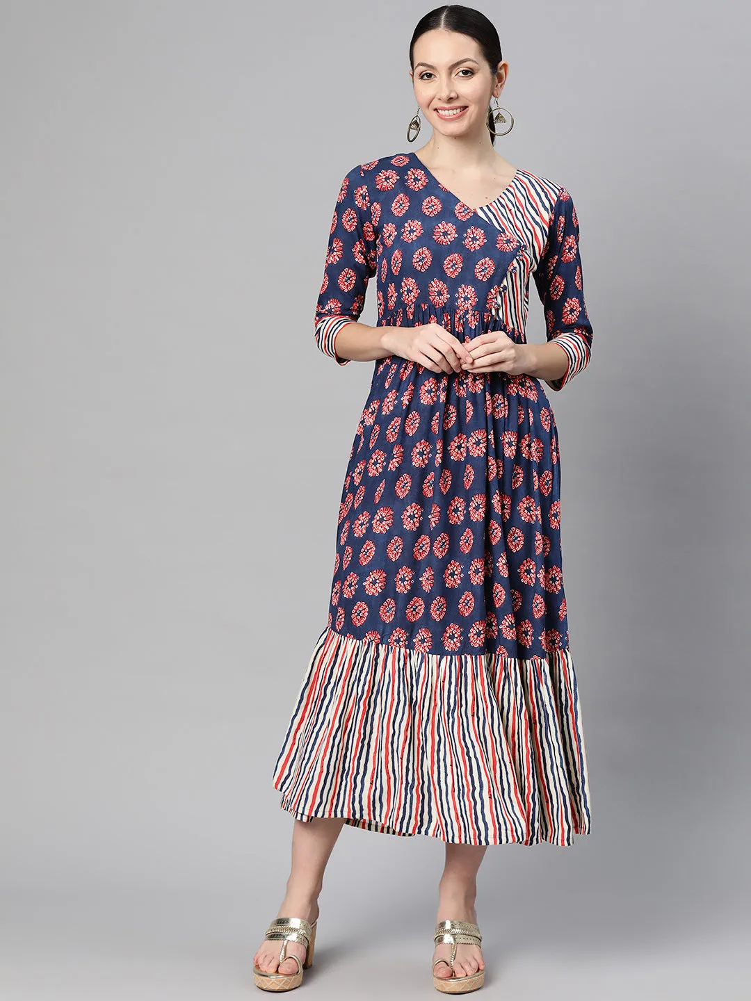 Indibelle Rayon Floral Print Flared Maxi Dress (Blue)