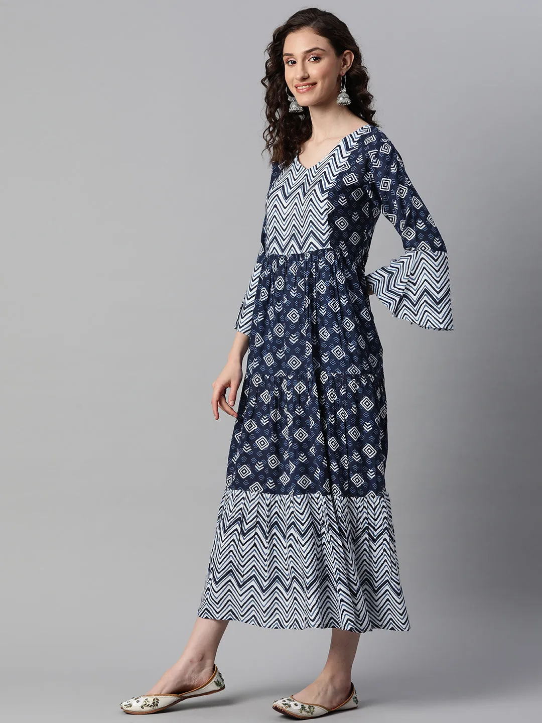 Indibelle Rayon Indigo Abstract Print Flared Dress (Blue)