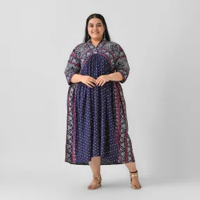 Indigo Rayon Bandhani V-Neck Gathered Maxi Dress (Plus)