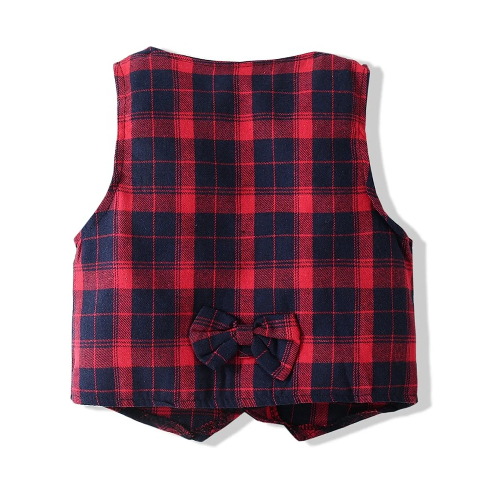 Infant Little Boys 4pcs Clothes Set with Plaid Dress Shirts Bowtie Pants and Vest Gentleman Easter Outfit