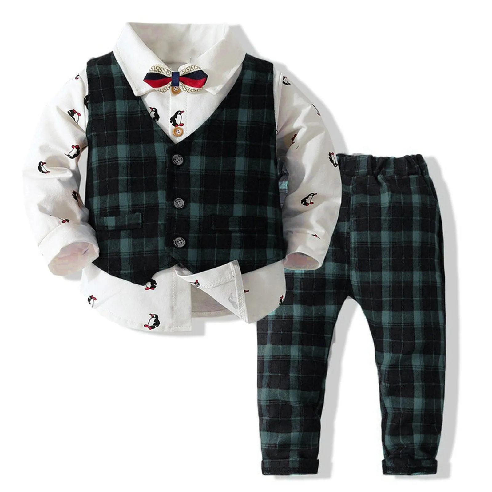 Infant Little Boys 4pcs Clothes Set with Plaid Dress Shirts Bowtie Pants and Vest Gentleman Easter Outfit