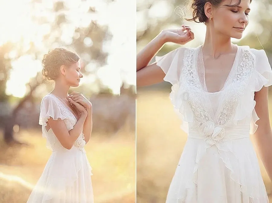 Ivory Chiffon Flower Cap Sleeves V-Neck Wedding Dresses, Bridal Dress, SW603