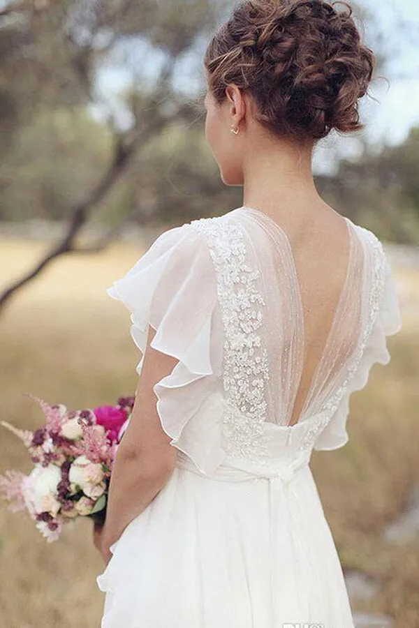 Ivory Chiffon Flower Cap Sleeves V-Neck Wedding Dresses, Bridal Dress, SW603