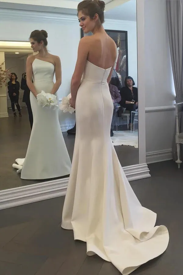 Ivory Mermaid Strapless Simple Wedding Dress With Train, Bridal Gown, SW604