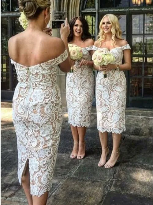 Ivory Sheath Off Shoulder Lace Short Bridesmaid Dresses, Bridesmaid outfit, BD127