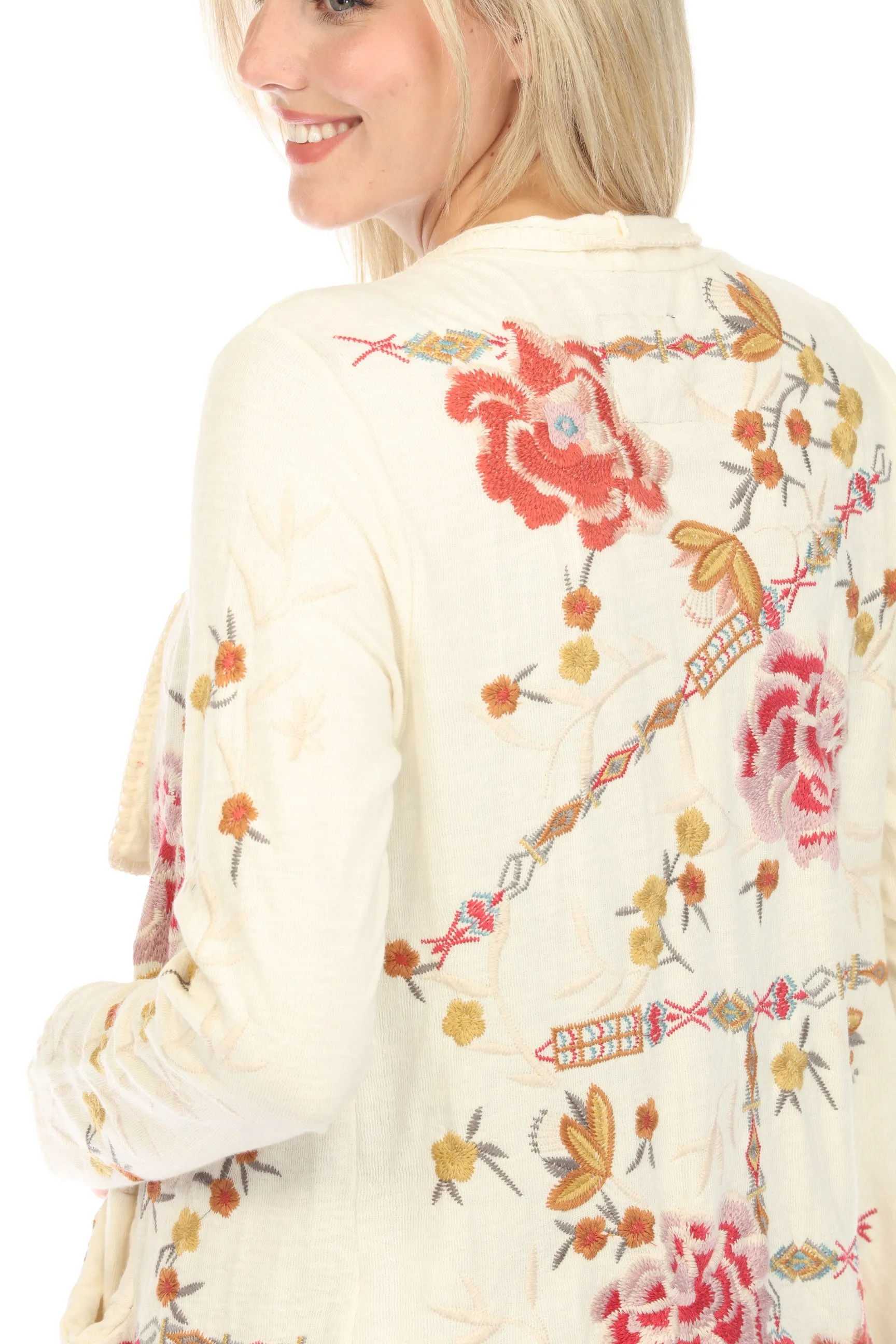 Johnny Was Biya Beige Danny Embroidered Cardigan Boho Chic B55824