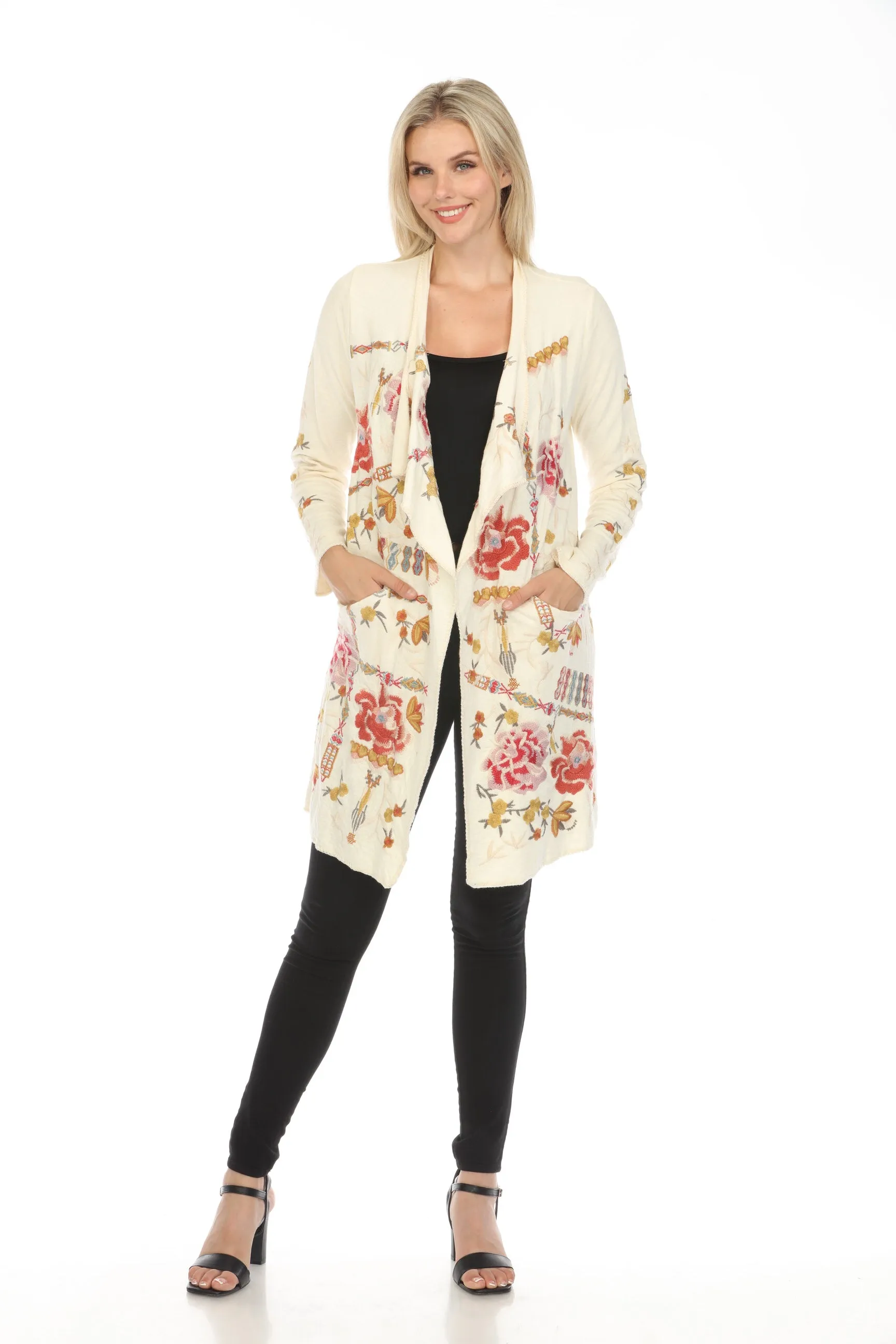 Johnny Was Biya Beige Danny Embroidered Cardigan Boho Chic B55824