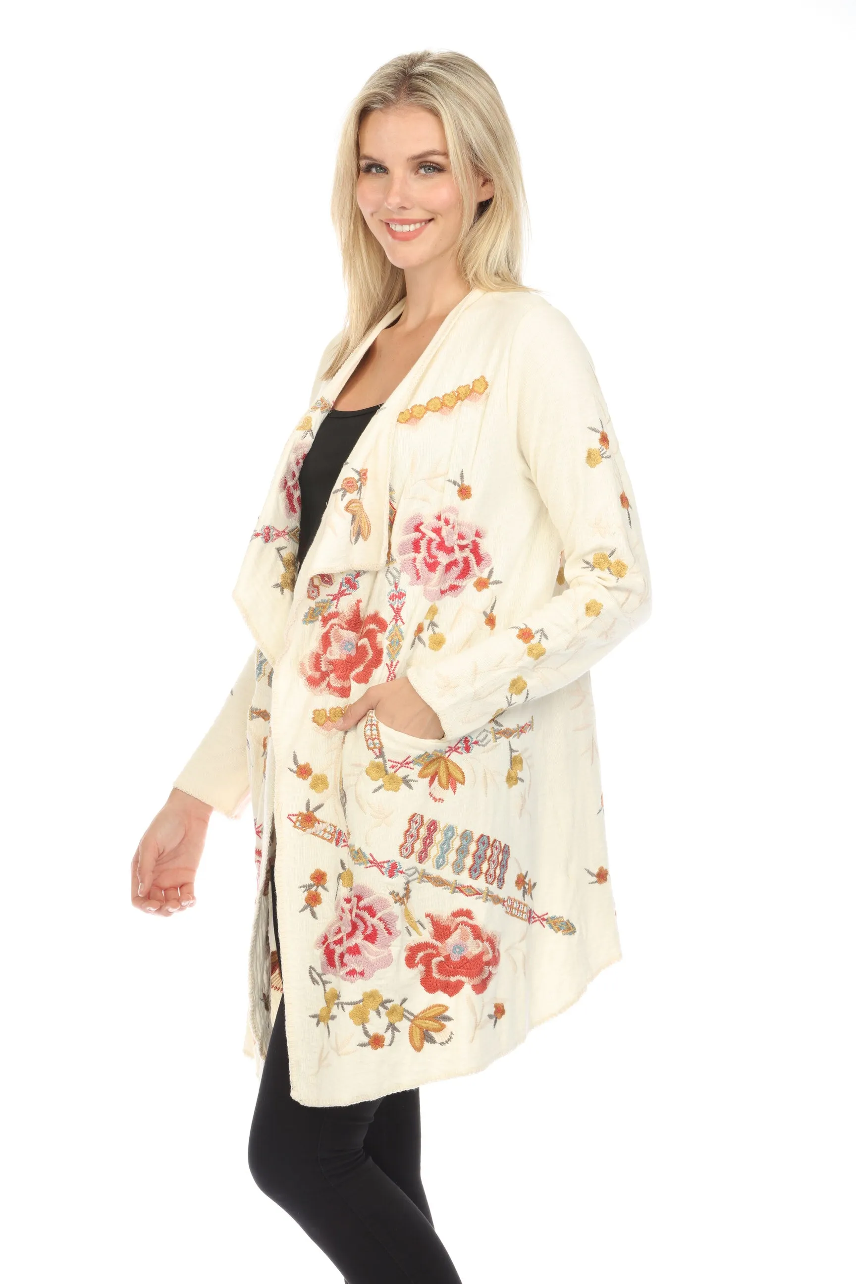 Johnny Was Biya Beige Danny Embroidered Cardigan Boho Chic B55824