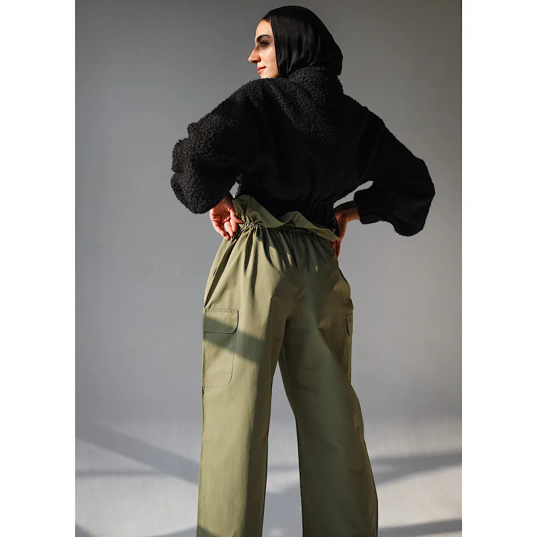 Khaki gabardine paperbag pants