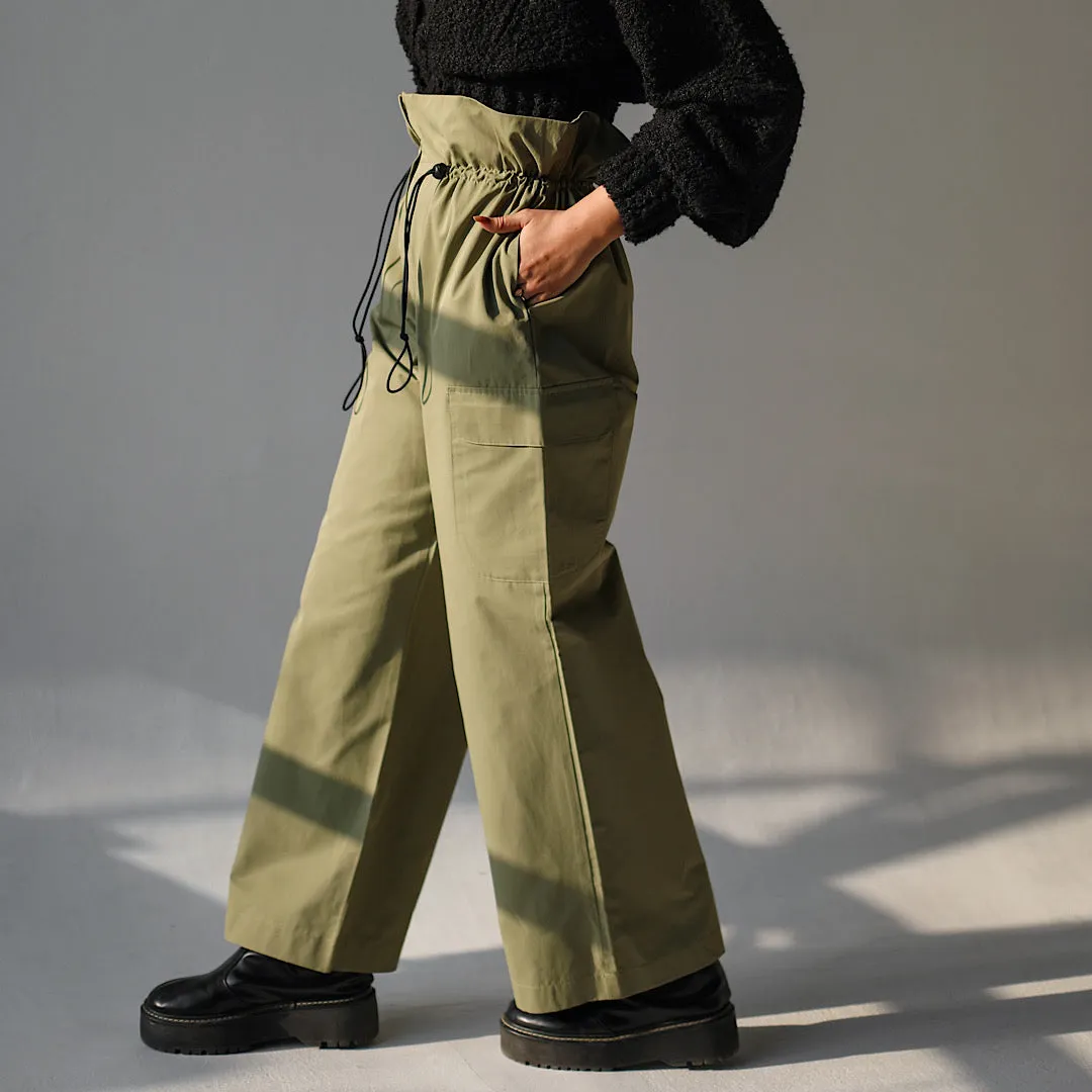 Khaki gabardine paperbag pants