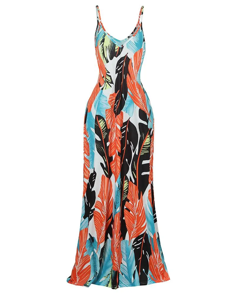 Leaf Print Pocket Design Maxi Dress