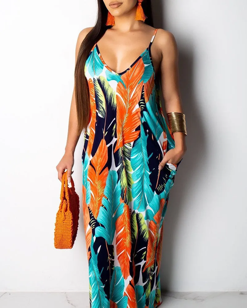 Leaf Print Pocket Design Maxi Dress