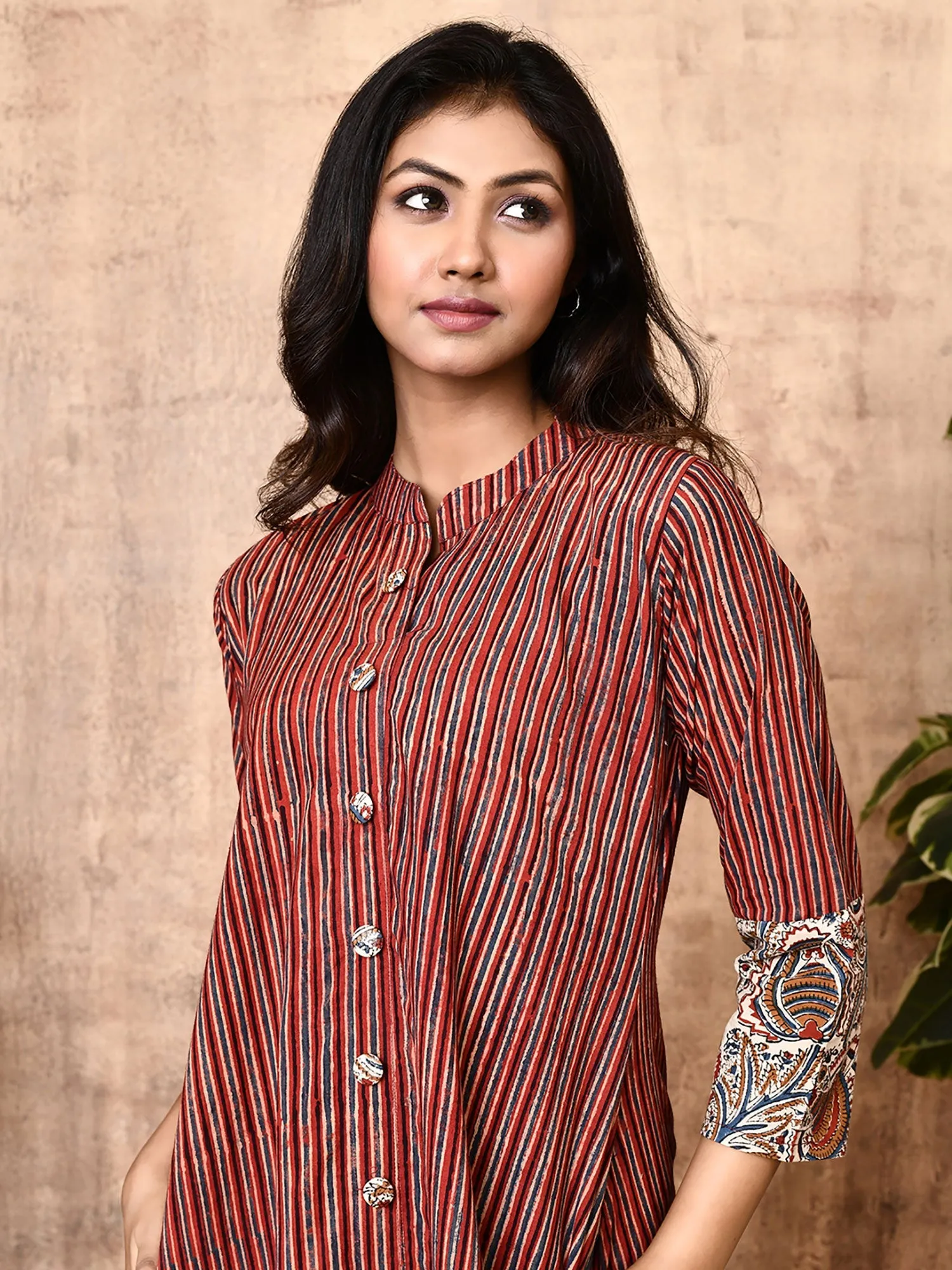 Miraya Red Cotton Block Printed Long Shirt Dress