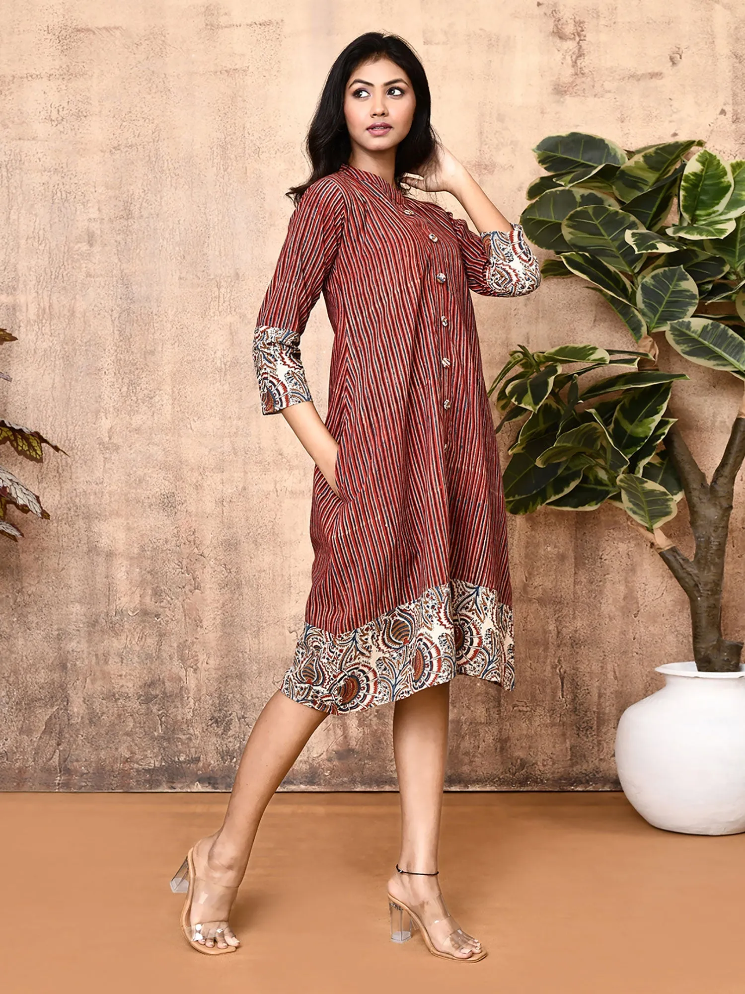 Miraya Red Cotton Block Printed Long Shirt Dress