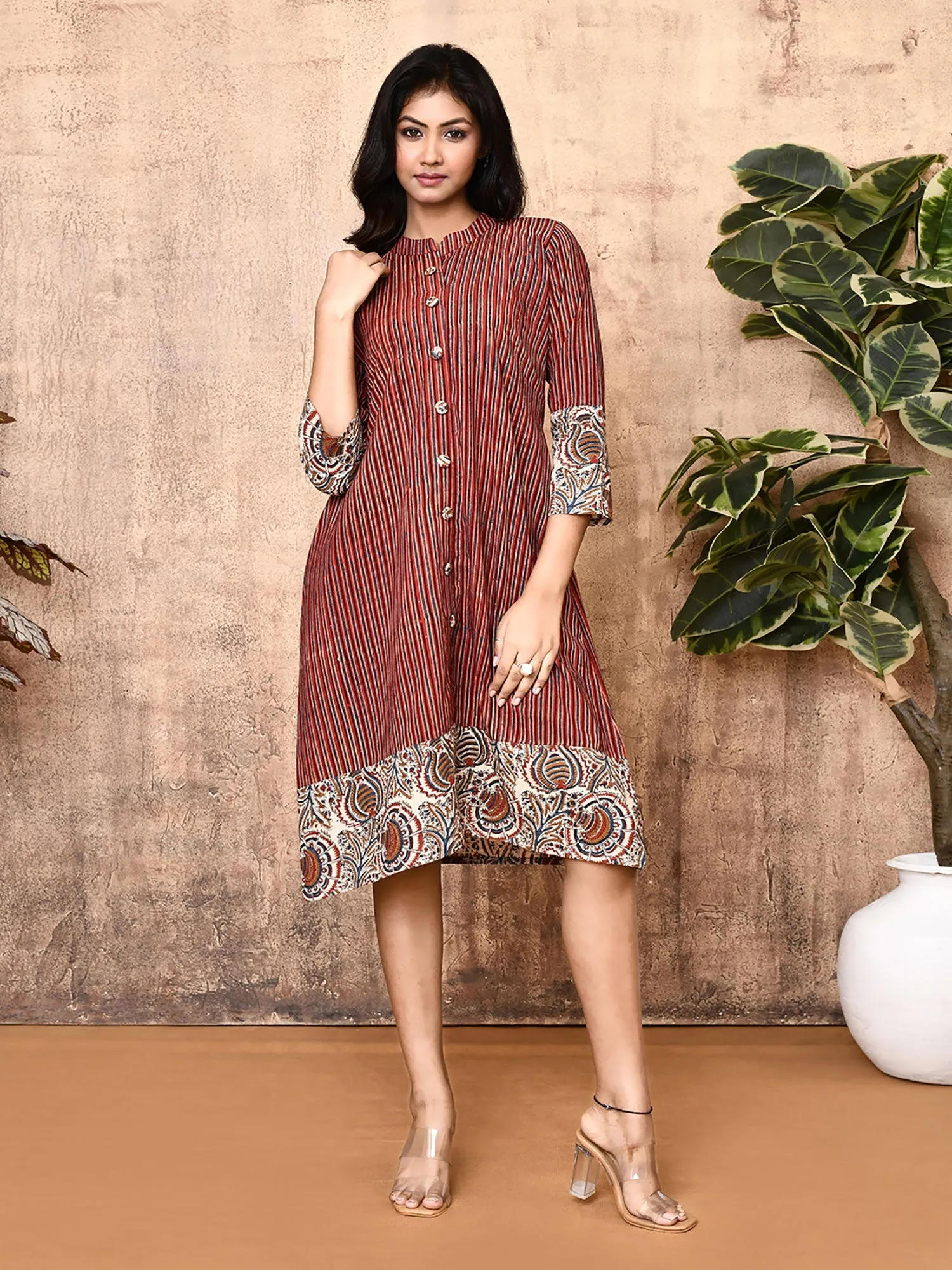 Miraya Red Cotton Block Printed Long Shirt Dress