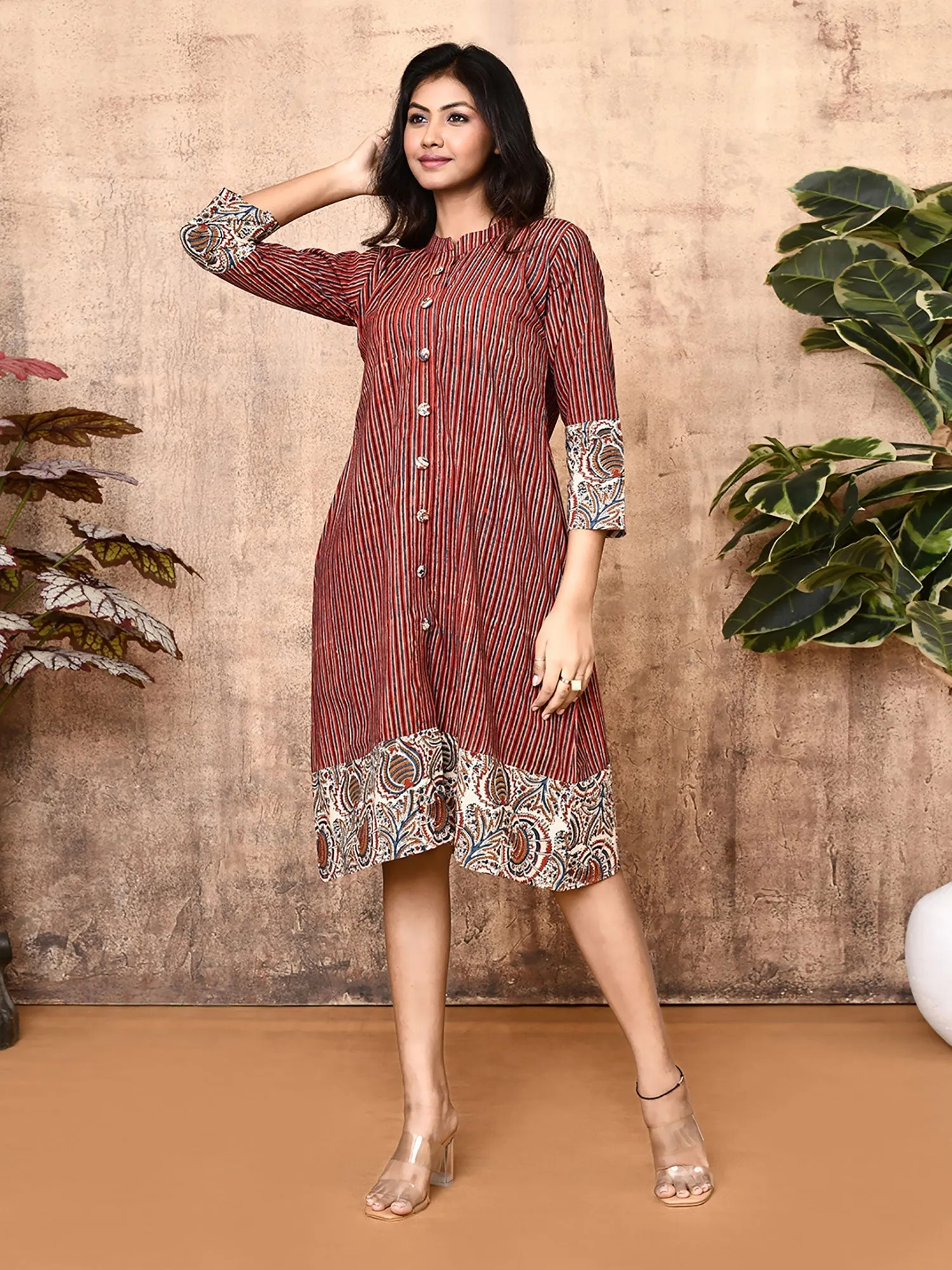 Miraya Red Cotton Block Printed Long Shirt Dress