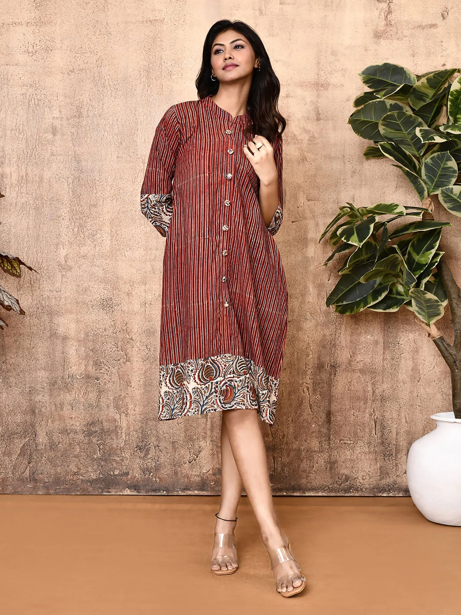 Miraya Red Cotton Block Printed Long Shirt Dress