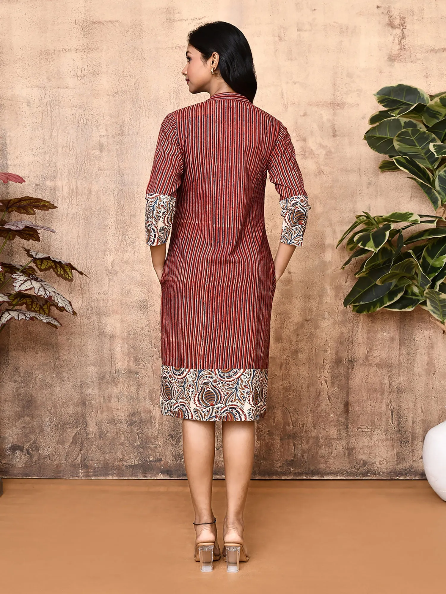 Miraya Red Cotton Block Printed Long Shirt Dress