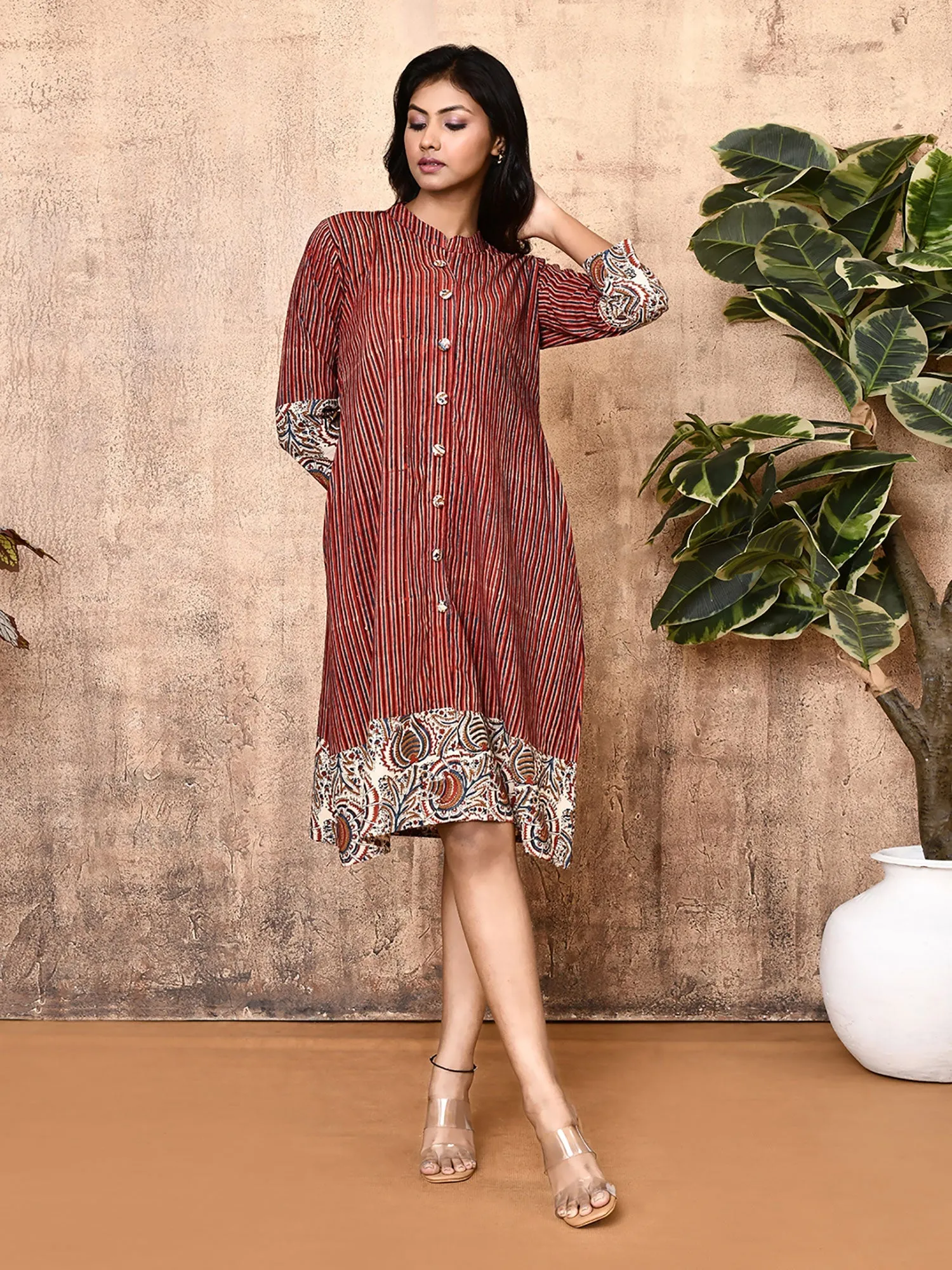 Miraya Red Cotton Block Printed Long Shirt Dress