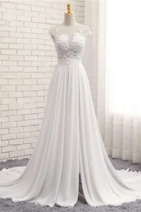 Modest White Chiffon A-line V-neck Lace Split Covered Wedding Dresses, SW312