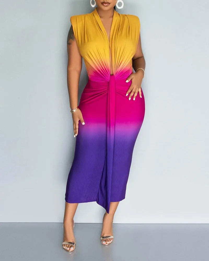 Ombre Colorblock Ruched Midi Dress