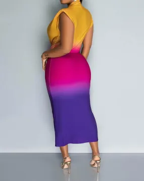 Ombre Colorblock Ruched Midi Dress