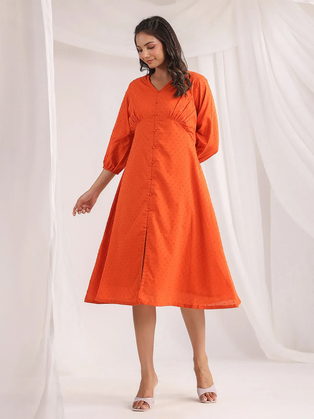 Orange Dobby Cotton Woven Design Dress