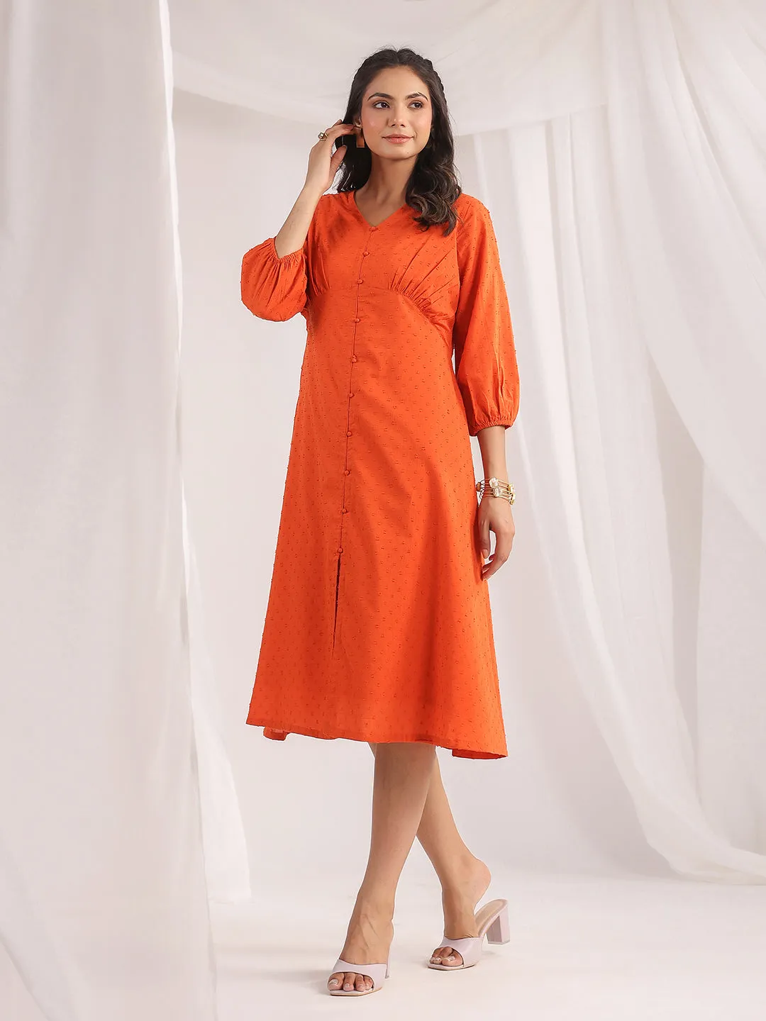 Orange Dobby Cotton Woven Design Dress